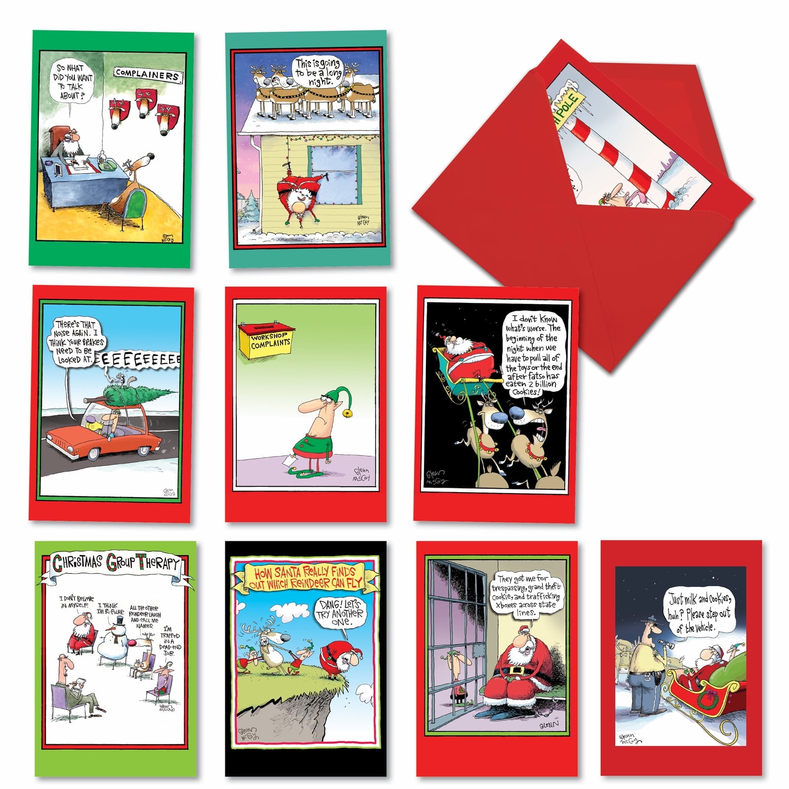 NobleWorks Funny Christmas Greeting Card Set with Flying Reindeer, Elves & Santa Illustrations (10 Count)
