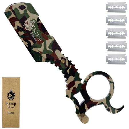10 BLADES + Krisp Beauty Professional Straight Edge Barber Shaving Razor Salon Quality Cut Throat Shavette Camouflage