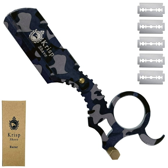 10 BLADES + Professional Classic Straight Edge Barber Shaving Razor Camouflage Salon Quality Cut Throat Shavette By Krisp Beauty