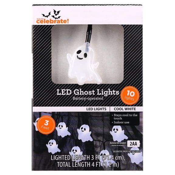 Indoor 10-Count Battery-Operated LED Ghost String Lights, Cool White, 3', Halloween by Way To Celebrate