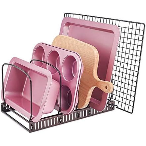 10+ Bakeware Organizer Rack for Kitchen Bakeware, Cookware, Dinnerware, Cutting Boards, Plates, Pot and Pan Lids (Brown)