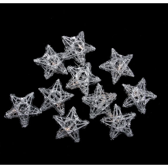 10 Battery Operated Clear LED Spun Glass Star Christmas Lights
