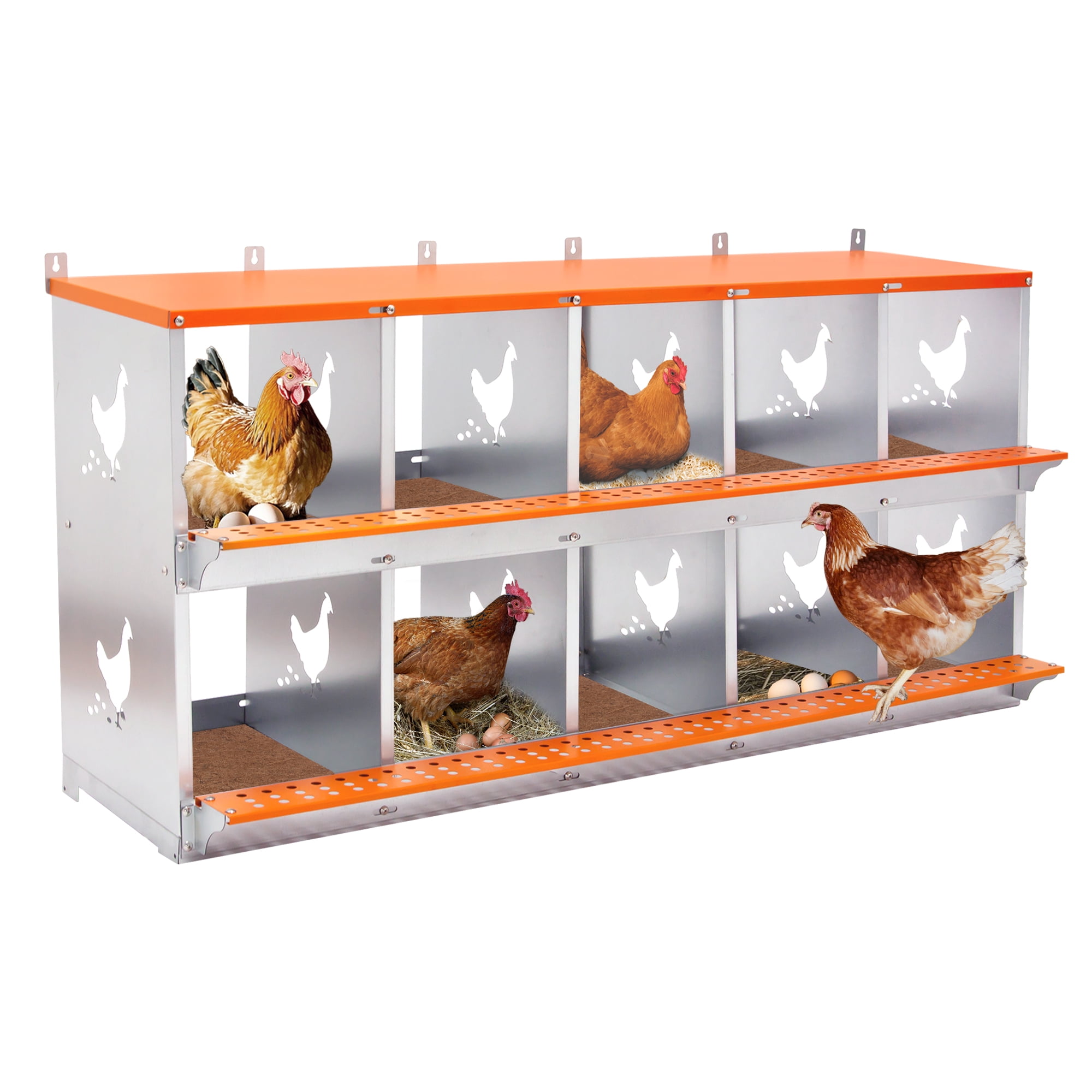10-Bay Metal Poultry Nest Box, Orange Wall Mount Nesting Box for Hens and Ducks, Galvanized Steel Coop Accessory with Coconut Fiber Pad, Vented Design for Easy Egg Collection