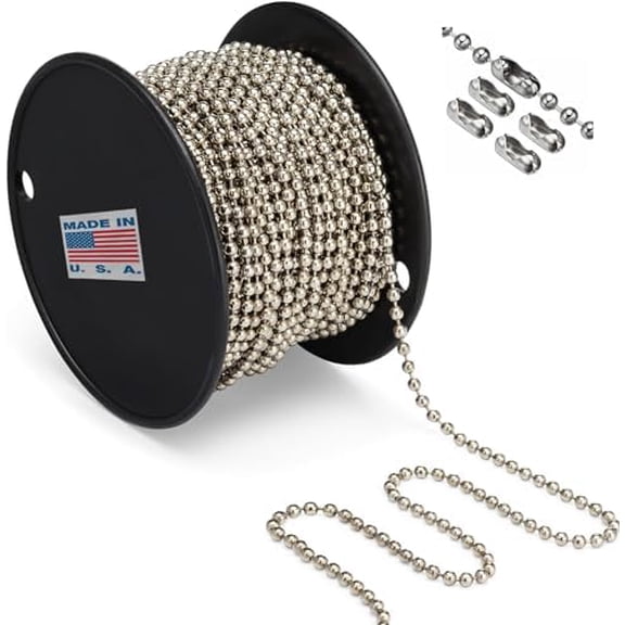 #10 Beaded Ball Chain (4.5mm) USA Made Nickel Plated Steel (NPS) 100 Feet Spool for Vertical Window Blinds, Plumbing and Industrial Equipment Labeling - Indoor Use$$Hardware