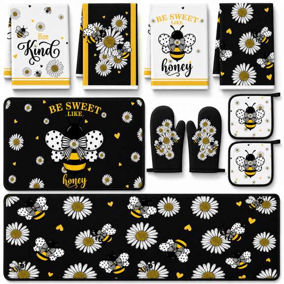 10 Bee Kitchen Decor Oven Mitts And Pot Holders Set Black White Dish Towels Summer Rugs Mats Farmhouse Accessories For Chef Baking Cooking Women Home Gift