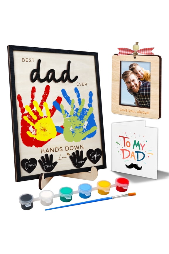 10" Best Dad Ever Hands Down DIY Handprint Kit with Acrylic Paint, Art Craft Family Keepsake Wood Frame Dad Keychain Birthday Father's Day Gift for Daddy, Papa Family Sign with Kids Names HF90-D