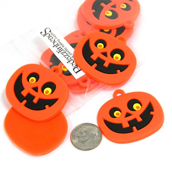 10 Big 1 3/8 inch Orange, Black and Yellow Jack O Lantern Halloween Pumpkin Plastic Rubber Charm Pendants