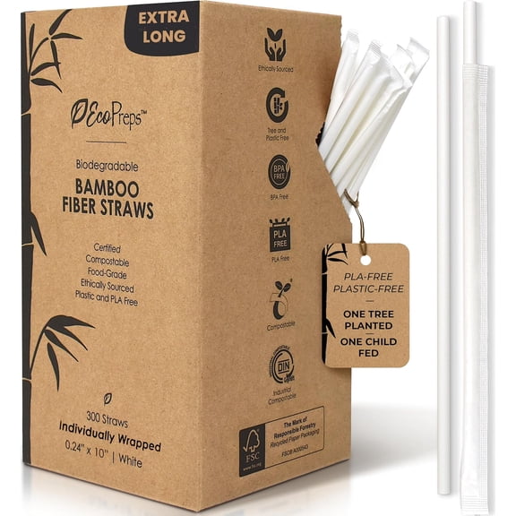 10 Biodegradable Bamboo Fiber Straws, Extra-Long Individually Wrapped Straw | 300 Count, 100% Compostable, Plastic-Free, Eco-Friendly Drinking Straw | 10-Inch Plant Fiber Disposable Straws