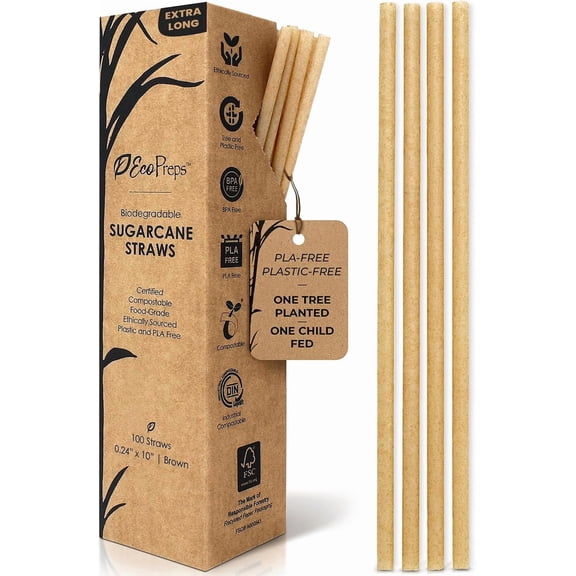 10'' Biodegradable Sugarcane Straws, Extra-Long Straw | 100 Count, 100% Compostable, Plastic-Free, Eco-Friendly Drinking Straw | Sugar Fiber, Party Jumbo Disposable Straws, 10 Inches Tall
