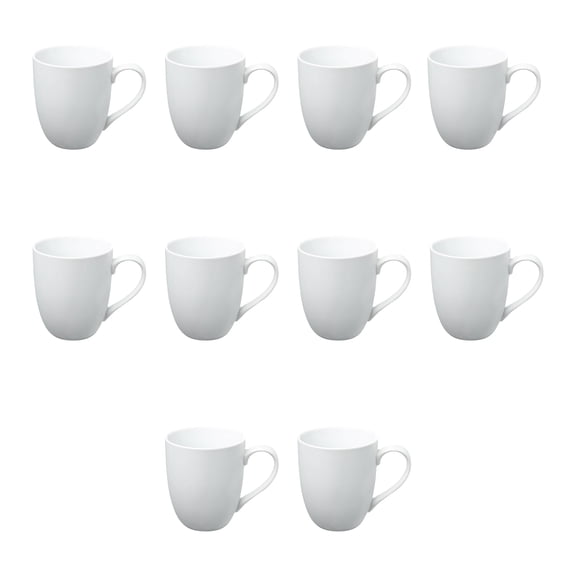 10 Bistro Vitrified Porcelain Mugs Set, 11 oz. - Stoneware, Coffee, Tea - White