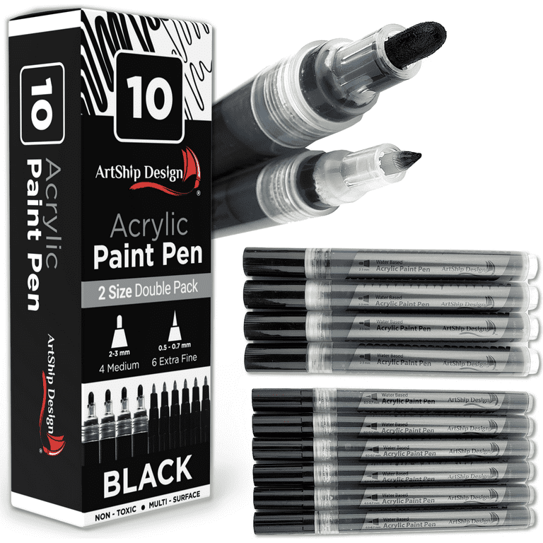 10 Black Acrylic Paint Pens, Double Pack of Both Extra Fine and Medium Tip  Paint Markers - ArtShip Design 