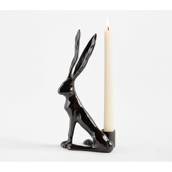 10" Black Easter Bunny Sculpted Candle Holder, Easter Rabbit Figurine Statue, Modern Animal Decorative Candlestick for Mantel, Dining, Table Easter Celebration