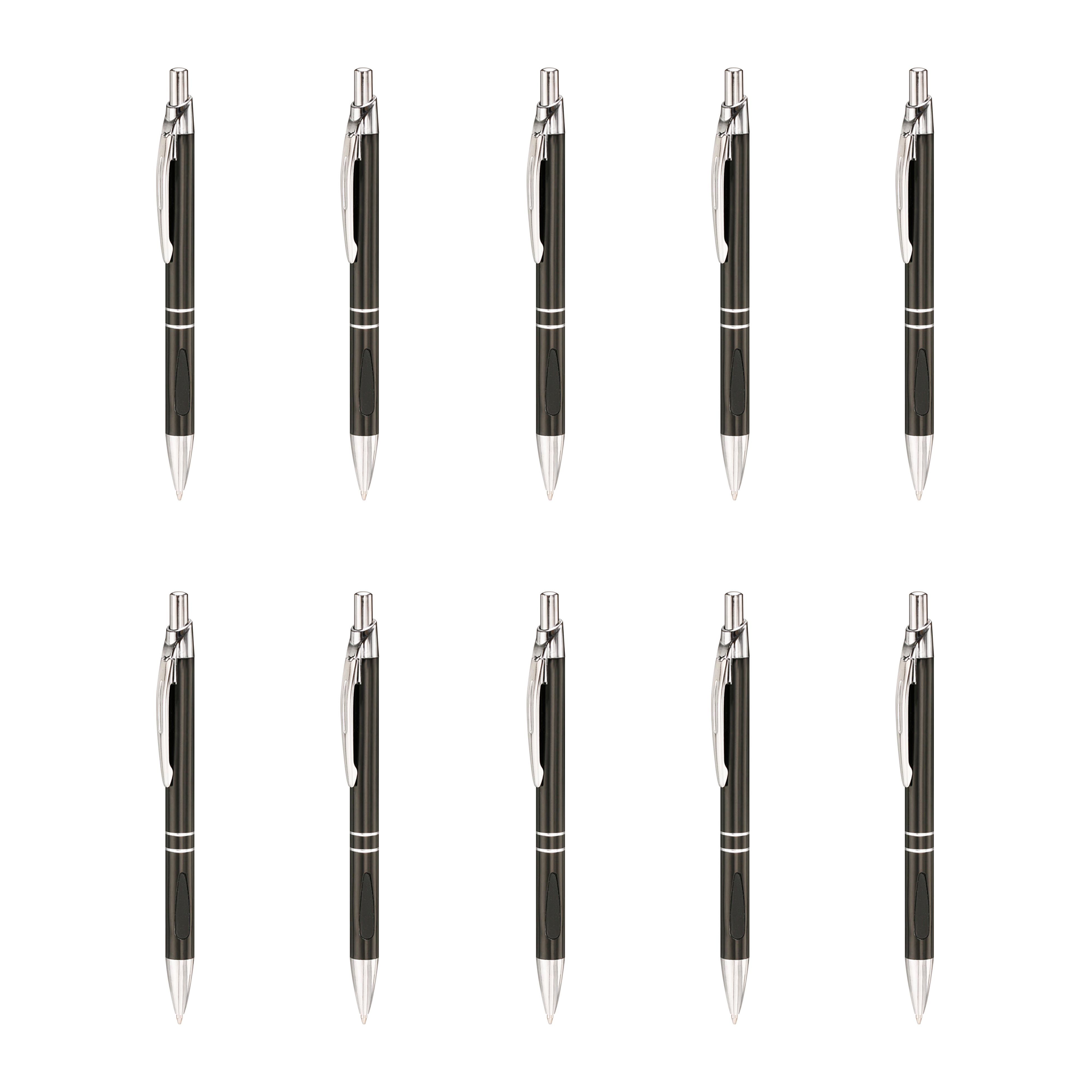 10 Black Ink Metal Pens Pack - Ballpoint, Retractable, Silver accents - Black