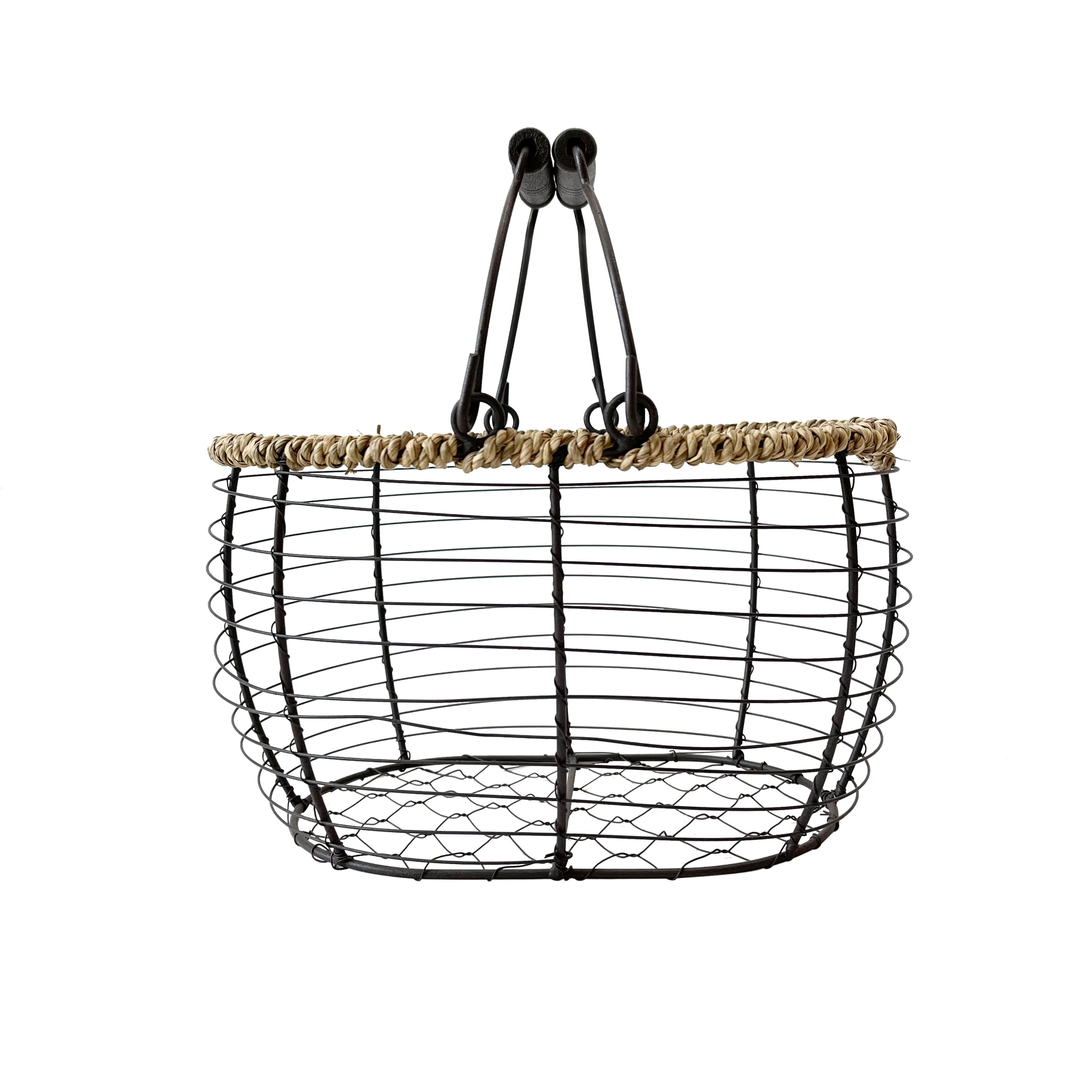 10”; Black Metal Wire Floral Basket with Natural Grass Rim by Ashland