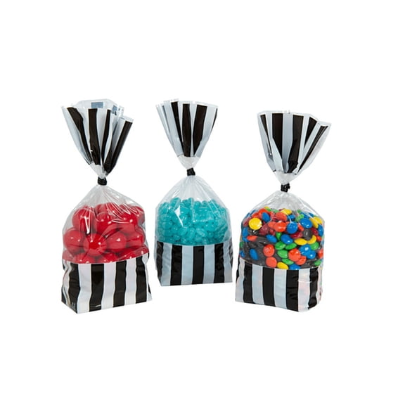 10 Black and White Striped Cellophane Treat Bags Twist Ties Loot Candy for Party