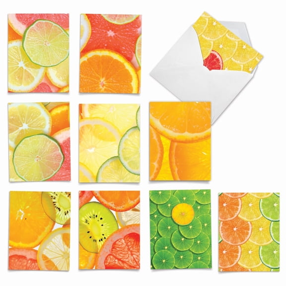 The Best Card Company 10 Assorted Blank All Occasions Notes Bulk Set 4x5.12 w/ Envelopes, 10x1 Designs, for Men, Women, Citrus Slices M10021BK