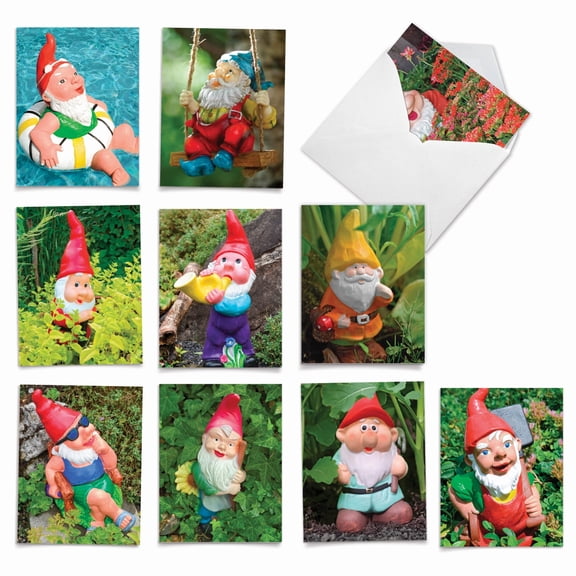 The Best Card Company 10 Assorted Blank All Occasions Notes Set 4x5.12 w/ Envelopes, 10x1 Designs, for Men, Women, Gnome Notes AM6841OCB-B1x10