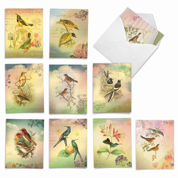 The Best Card Company 10 Assorted Blank Birds All Occasions Notes Set 4x5.12 w/ Envelopes, 10x1 Designs, for Men, Women, Songbird Notes AM6948OCB-B1x10