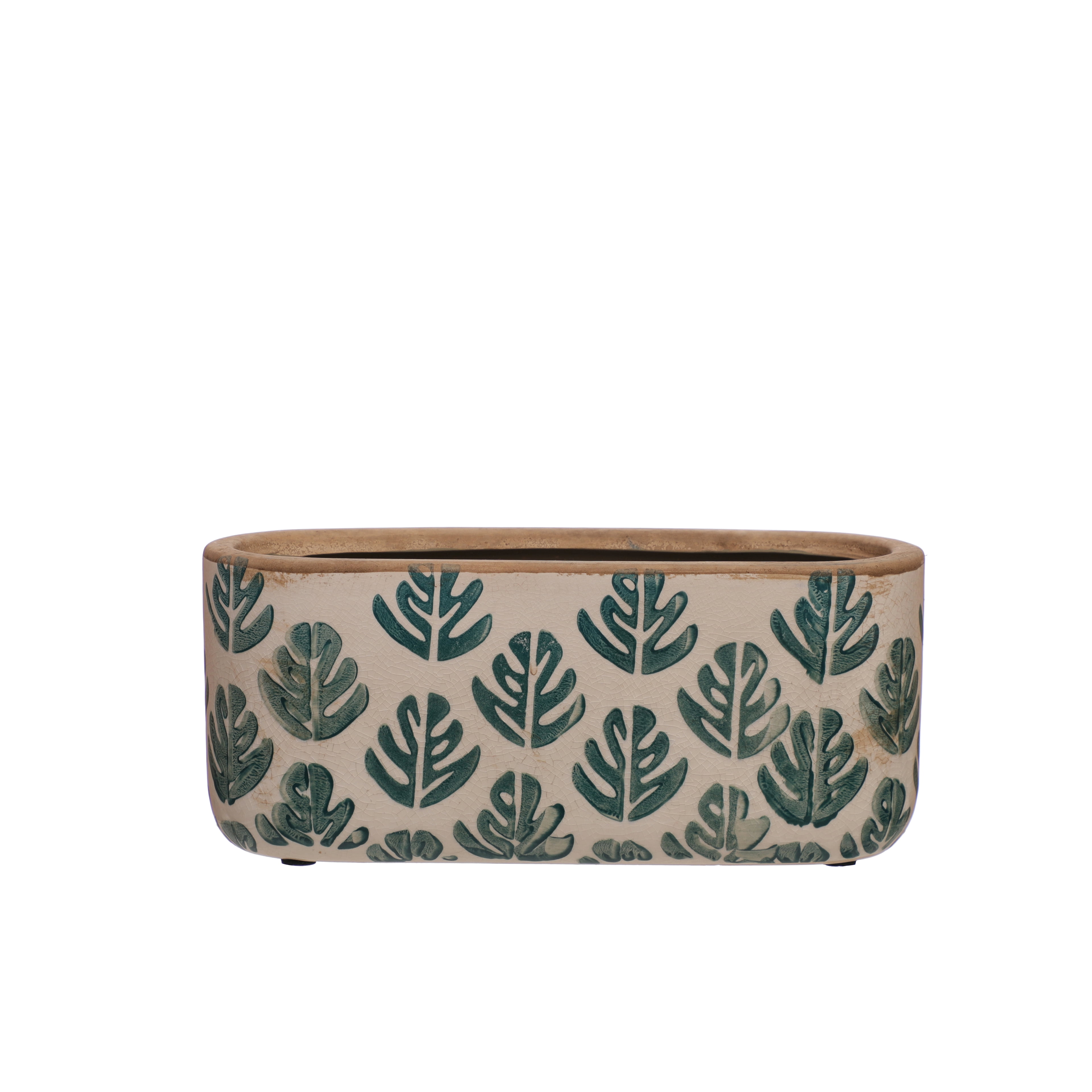 10" Blue & Cream Palm Leaf Oval Ceramic Planter by Ashland  - Spring Home Decor