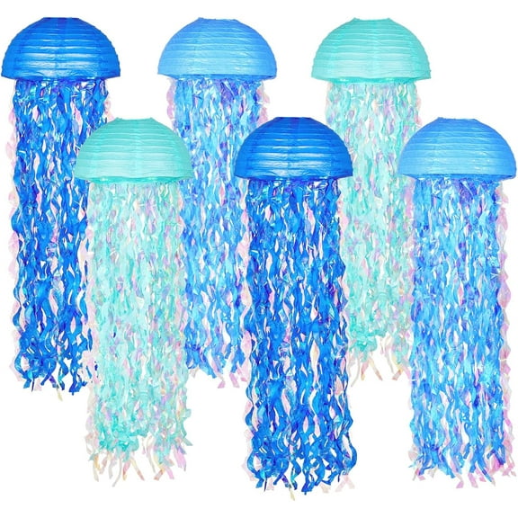 10" Blue Hanging Jellyfish Paper Lanterns - Under the Sea Party & Mermaid Birthday Decorations, Baby Shower, Nautical Events, Ocean Theme Classroom Beach Room Decor (Set of 6)