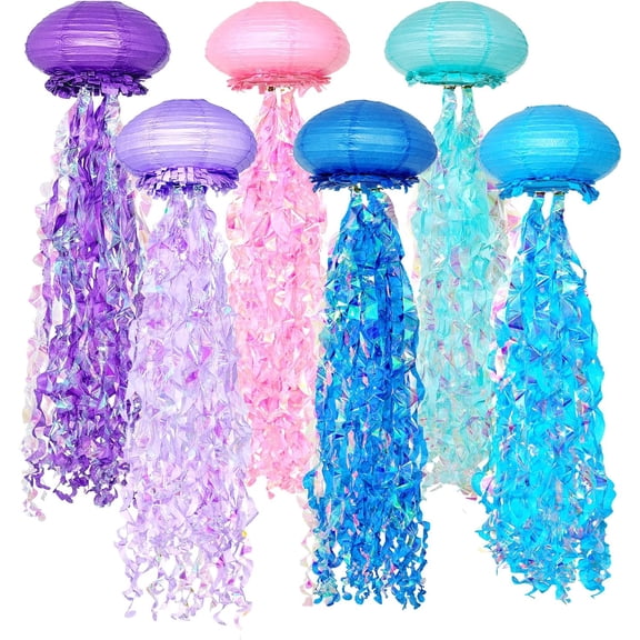 10" Blue Jellyfish Paper Lanterns - Under The Sea Birthday & Mermaid Party Decorations, Ocean and Beach Theme Indoor Outdoor Hanging Decor, Baby Shower, Nautical Events (Set of 6)