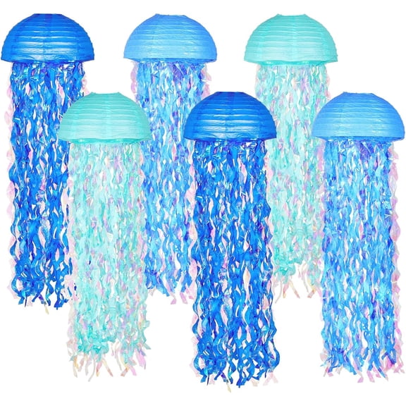 10" Blue Jellyfish Paper Lanterns - Under The Sea Birthday & Mermaid Party Decorations, Ocean and Beach Theme Indoor Outdoor Hanging Decor, Baby Shower, Nautical Events (Set of 6)