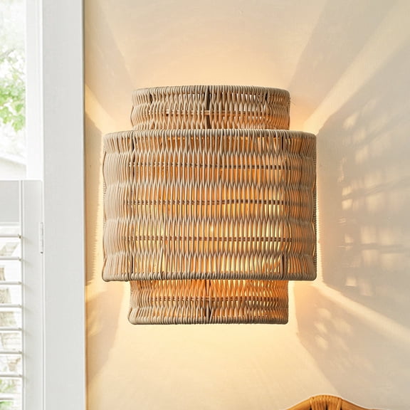 10" Boho Natural Rattan 1-Light Tiered Flush Mount Wall Light Sconce for Hallway