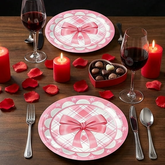 10 Bow Patterned Dinner Plates, Disposable Paper Plates for Baby Showers Bridal Birthday Parties, 7 and 9 Inch Sizes, Pink Blue Black Themed Decor