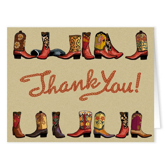 10 Boxed Cowboy Boots Western Thank You Card - Folded 4.25 x 5.5 Note Cards - 14