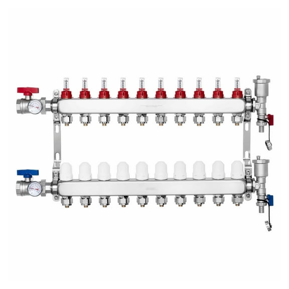 10-Branch PEX Manifold, Radiant Heat Manifold, 1/2" PEX Tubing, Stainless Steel, Hydronic Floor Heating Kit with Adapters & Gauges for Efficient Home Heating