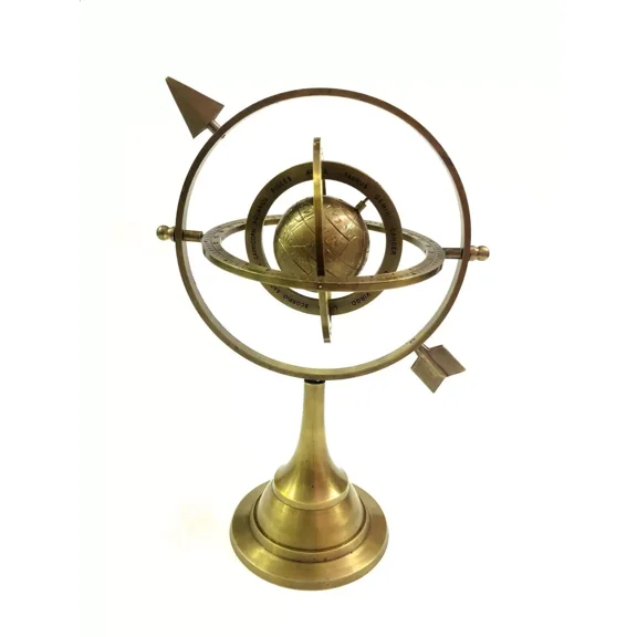 10" Brass Armillary Sphere with Sundial Arrow Antique Finish Nautical Desk Decor | Vintage Maritime Globe