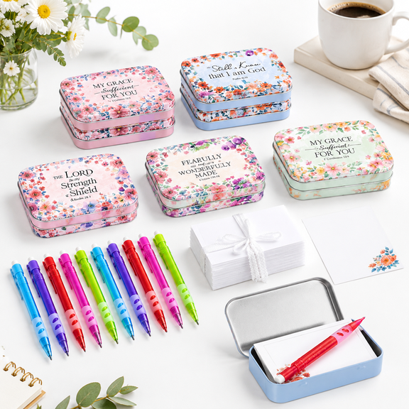 10 Bright Floral Prayer Box Set with Cards and Pencils Party Favors