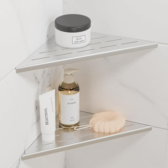 10" Brushed Corner Wall Shelf Set of 2, Floating Corner Shelves for Wall, 304 Stainless Steel Shower Storage Shelves for Bathroom, No Drilling