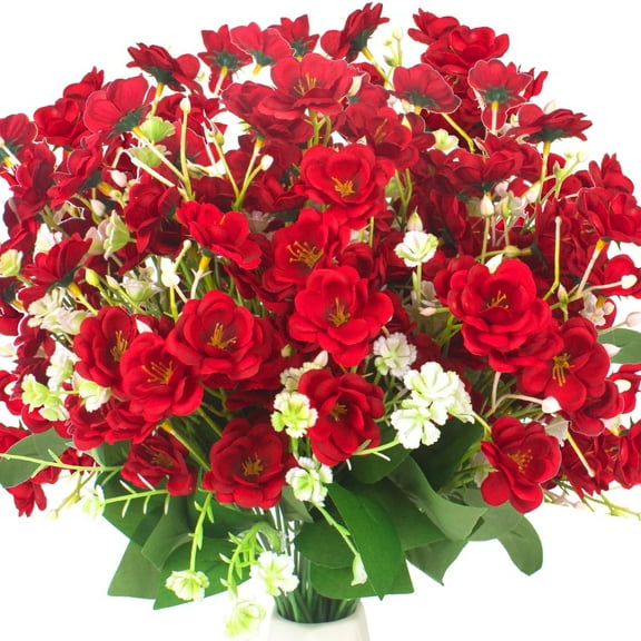 10 Bundle Artificial Flowers, UV Resistant Faux Outdoor Flowers, Fake Plastic Flowers for Cemetery Decoration Home Kitchen Bedroom Wedding Party Decor (Red)