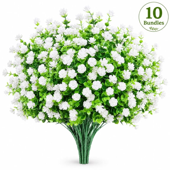 10 Bundles Artificial Fake Flowers, Faux Outdoor Plastic Plants UV Resistant Shrubs Outside Indoor Decorations
