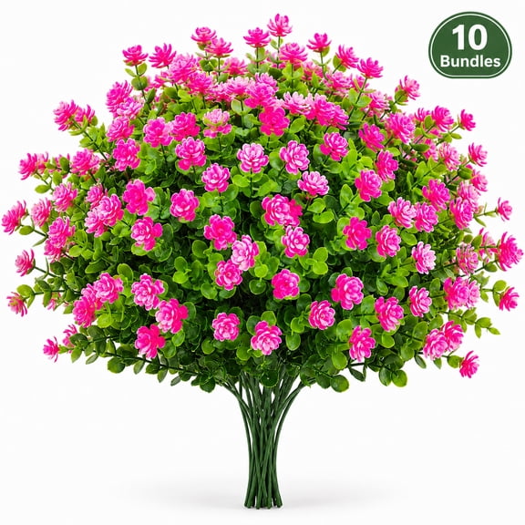 10 Bundles Artificial Fake Flowers, Faux Outdoor Plastic Plants UV Resistant Shrubs Outside Indoor Decorations
