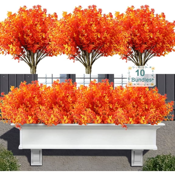 10 Bundles Artificial Fall Flowers for Outdoors, UV Resistant Fall Fake Plants for Outside Indoor Home Garden Windows Porch Decoration (Orange Eucalyptus)