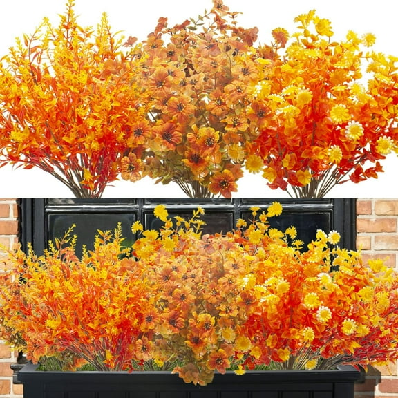 10 Bundles Artificial Fall Plants Fake Boston Fern UV Resistant Greenery Shrubs Outdoor Indoor Thanksgiving Porch Garden Decoration (Fall Orange)