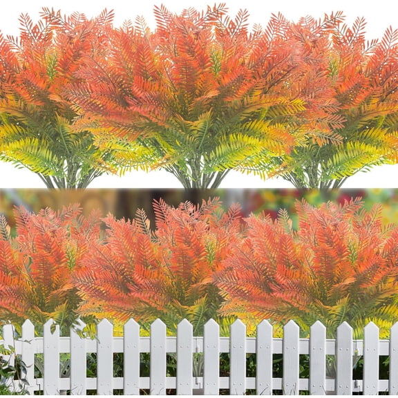 10 Bundles Artificial Fall Plants Fake Boston Fern UV Resistant Greenery Shrubs Outdoor Indoor Thanksgiving Porch Garden Decoration (Fall Orange)