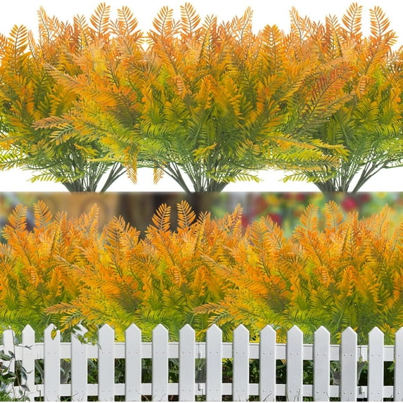 10 Bundles Artificial Fall Plants Fake Boston Fern UV Resistant Greenery Shrubs Outdoor Indoor Thanksgiving Porch Garden Decoration (Fall Orange)