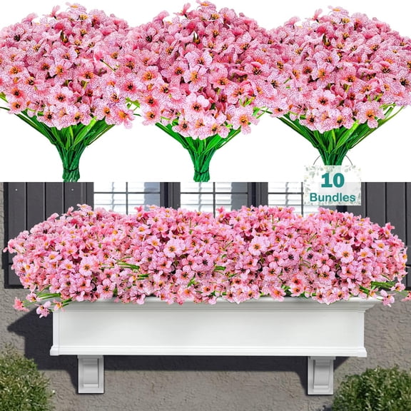 10 Bundles Artificial Flowers for Outdoor Decoration, Plastic Greenery Shrubs Spring Summer Decoration UV Resistant Faux Outdoor Plants Fake Flowers Planter Home Garden Decor Pink