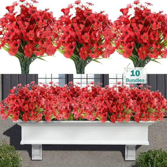 10 Bundles Artificial Flowers for Outdoor Decoration, Plastic Greenery Shrubs Spring Summer Decoration UV Resistant Faux Outdoor Plants Fake Flowers Planter Home Garden Decor Red