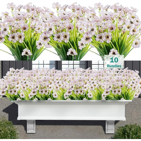 10 Bundles Artificial Flowers for Outdoor Decoration, Plastic Greenery Shrubs Spring Summer Decoration UV Resistant Faux Outdoor Plants Fake Flowers Planter Home Garden Decor White