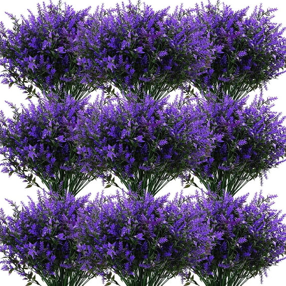 10 Bundles Artificial Lavender Flowers Outdoor UV Resistant Plastic Artificial Plants Fake Shrubs Flowers Greenery Bushes for Outside Indoor Garden Home Porch Box Decor Purple