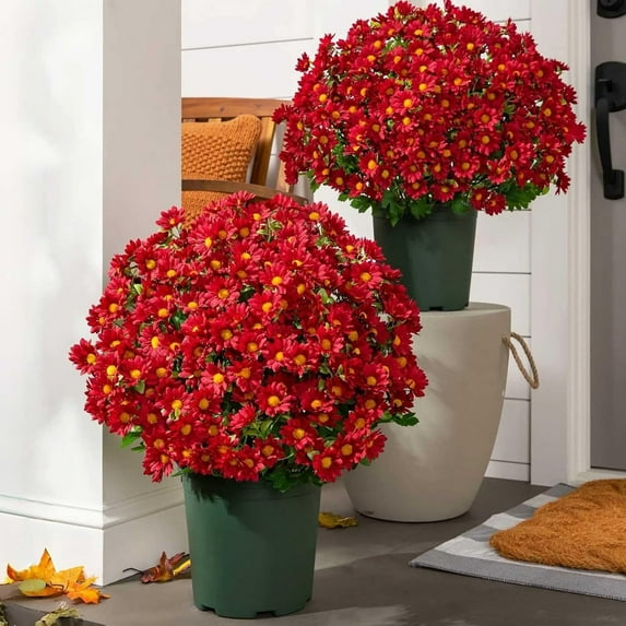 10 Bundles Artificial Mums for Outdoors, Fake Mums Artificial Fall Flowers, Faux Mums Silk Daisy Flowers Look Real UV Resistant No Fade Fall Mums for Planters Home Patio Indoor Porch Decor, Red