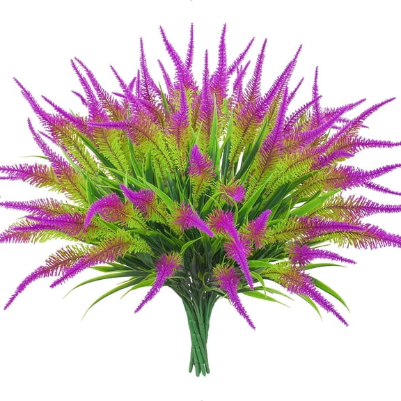 10 Bundles Artificial Plants Fake Outdoor Grass Plastic UV Resistant Greenery Faux Shrubs for Home Garden Porch Window Box Decor (Fuchsia)