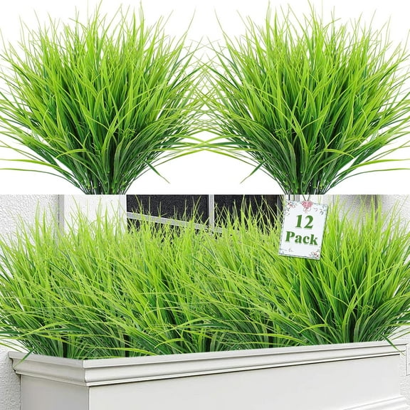 10 Bundles Artificial Plants Fake Wheat Grass UV Resistant Faux Plastic Greenery Shrubs Fake Grass Plant Bushes Artificial Green Stem Plants Bulk for Outdoor Garden Porch Window Box Decor