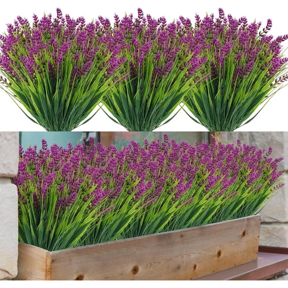 10 Bundles Artificial Plants Outdoor Fake Grass with Lavender Flowers Faux UV Resistant Greenery Garden Patio Porch Window Box Farmhouse Hanging Decorating(Purple)