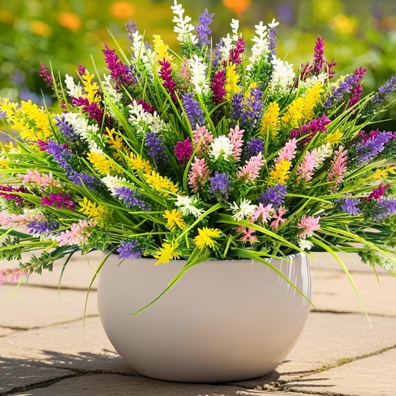 10 Bundles Artificial Plants Outdoor Fake Monkey Grass with Flowers for Pot Garden Verandah Decor for Window Garden Office Patio Hanging Planter Pathway Front Porch (Mix Color)