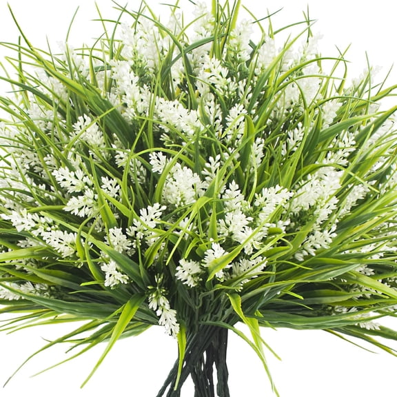 10 Bundles Artificial Plants Outdoor Fake Monkey Grass with Flowers (White)